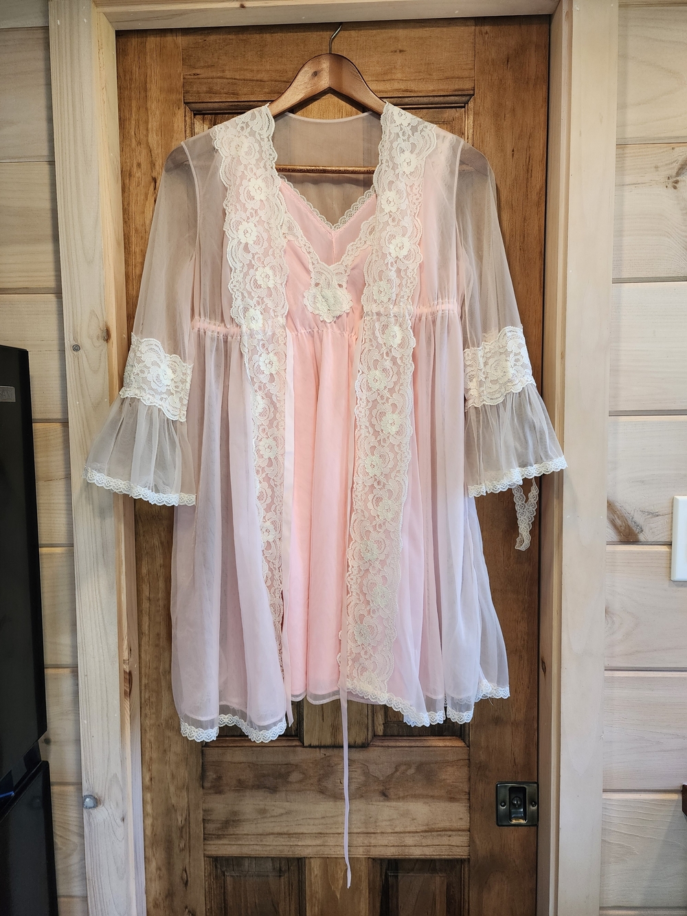 Vintage Mistee Sheer Lace Trim Robe and Nightgown Set